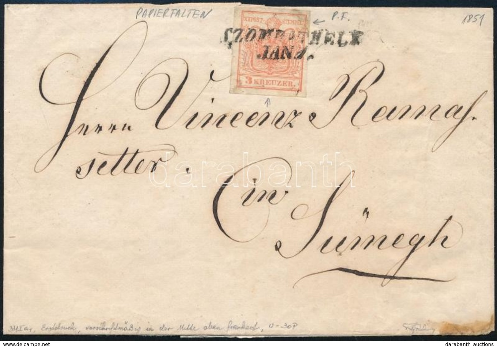 1851 Első Nyomású, I. Típusú, Lemezhibás, Papírráncos 3kr Levélen 'SZOMBATHELY' - Sümegh
Sign: Puschmann - Autres & Non Classés