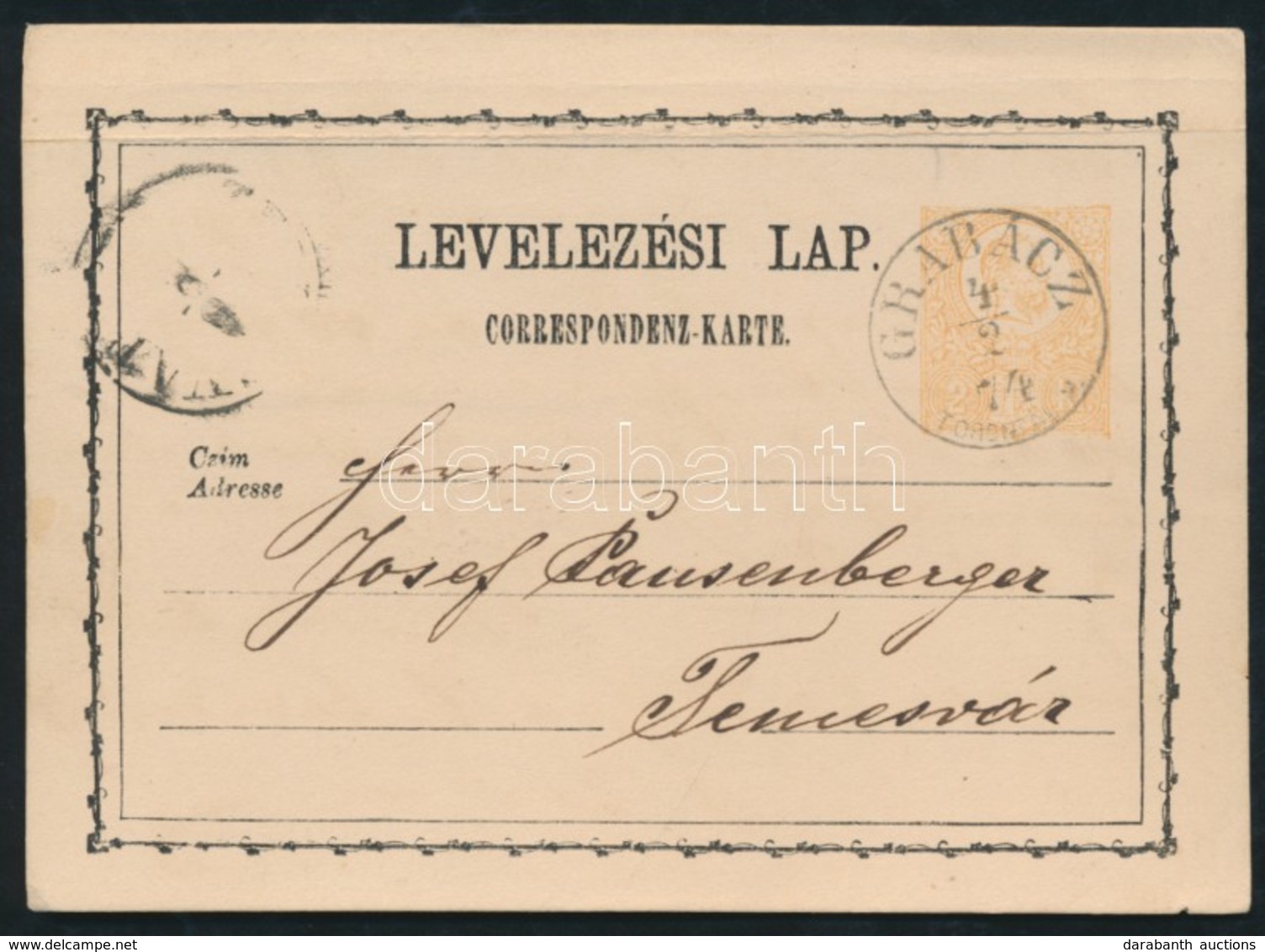 1874 Díjjegyes Levelezőlap / PS-card 'GRABÁCZ TORONTÁL M.' (Gudlin Ebben A Formában Nem Említi, Csak TORONTÁL M. Nélkül, - Autres & Non Classés