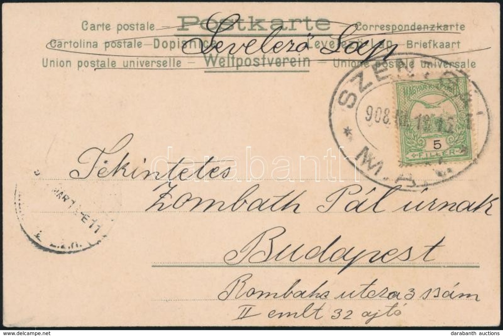 1908 Levelezőlap Turul 5f Bérmentesítéssel 'SZENTGÁL / M.Á.V.' Ellipszis Bélyegzéssel - Autres & Non Classés