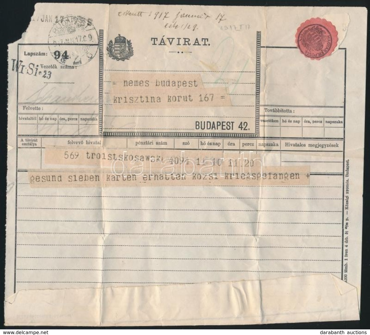 1917 Távirat Oroszországból Hadifogolytól - Altri & Non Classificati