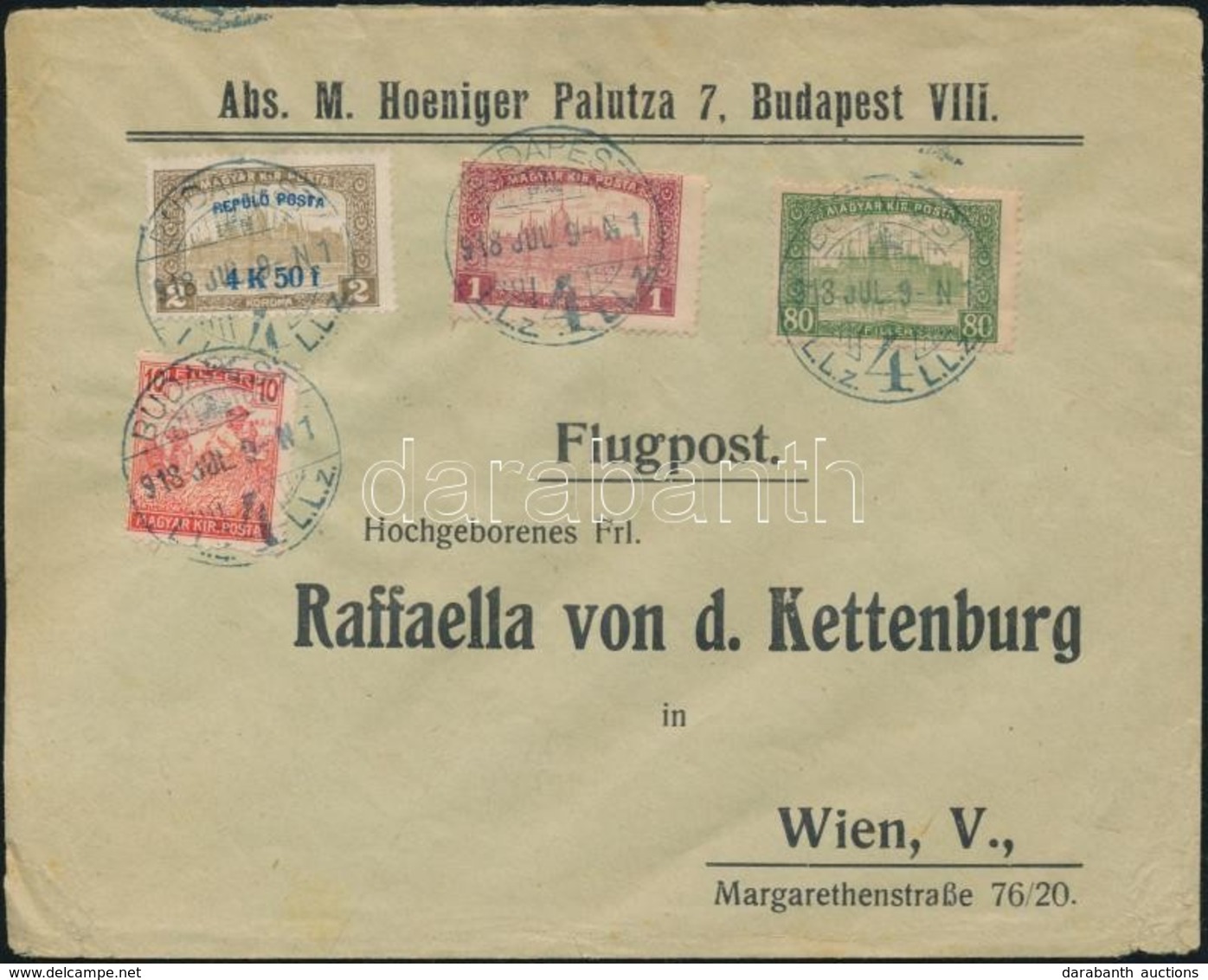 1918.07.09.  3. Súlyfokozatú Légi Levél Bécsbe Repülő Posta 4K50f + Díjkiegészítéssel / Mi 241 + Additional Franking On  - Altri & Non Classificati