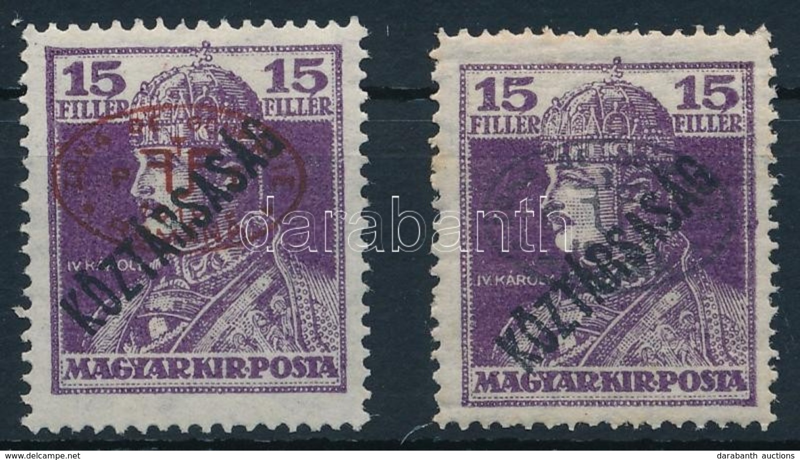 ** Debrecen I. 1919 2 Db Károly/Köztársaság 15f Piros és Fekete Felülnyomással, Garancia Nélkül (**64.000) - Autres & Non Classés