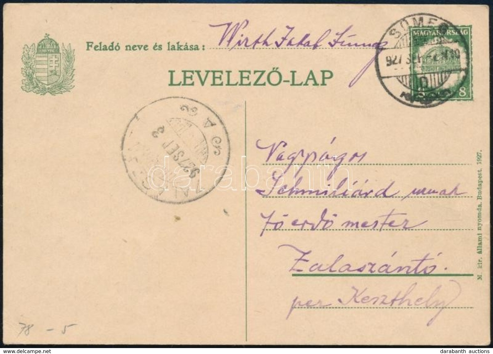 1927 8f Díjjegyes Levelezőlap 'SÜMEG' - Zalaszántó - Autres & Non Classés