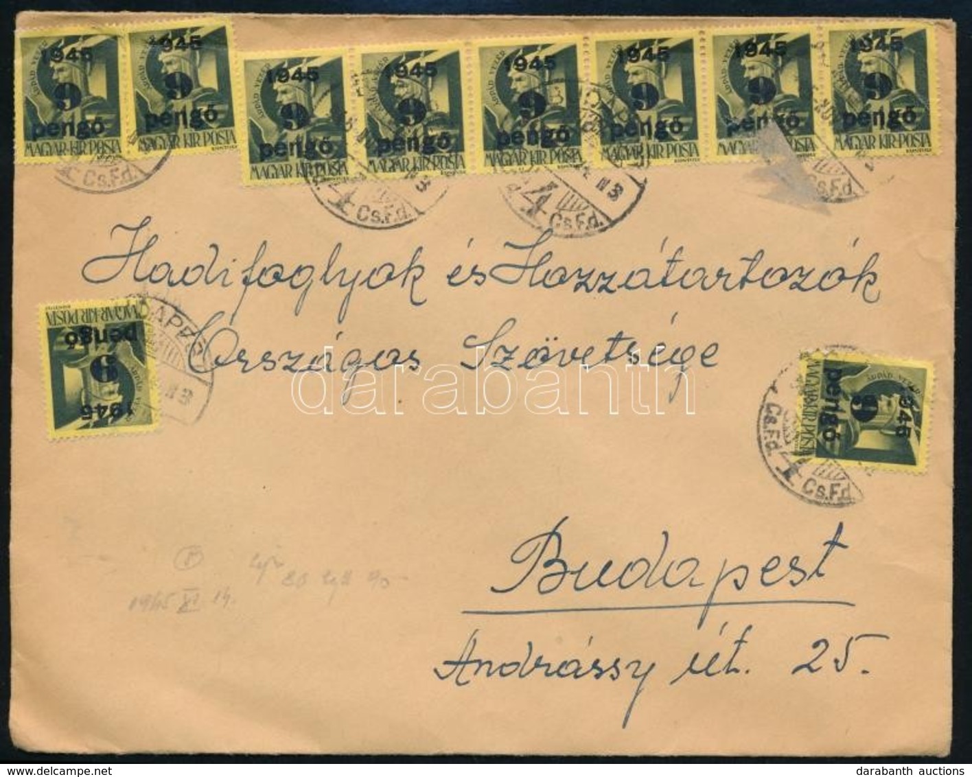 1945 (5. Díjszabás) Helyi Levél Kisegítő 10 X 9P/1f Bérmentesítéssel, 10P-vel Túl Bérmentesítve - Autres & Non Classés