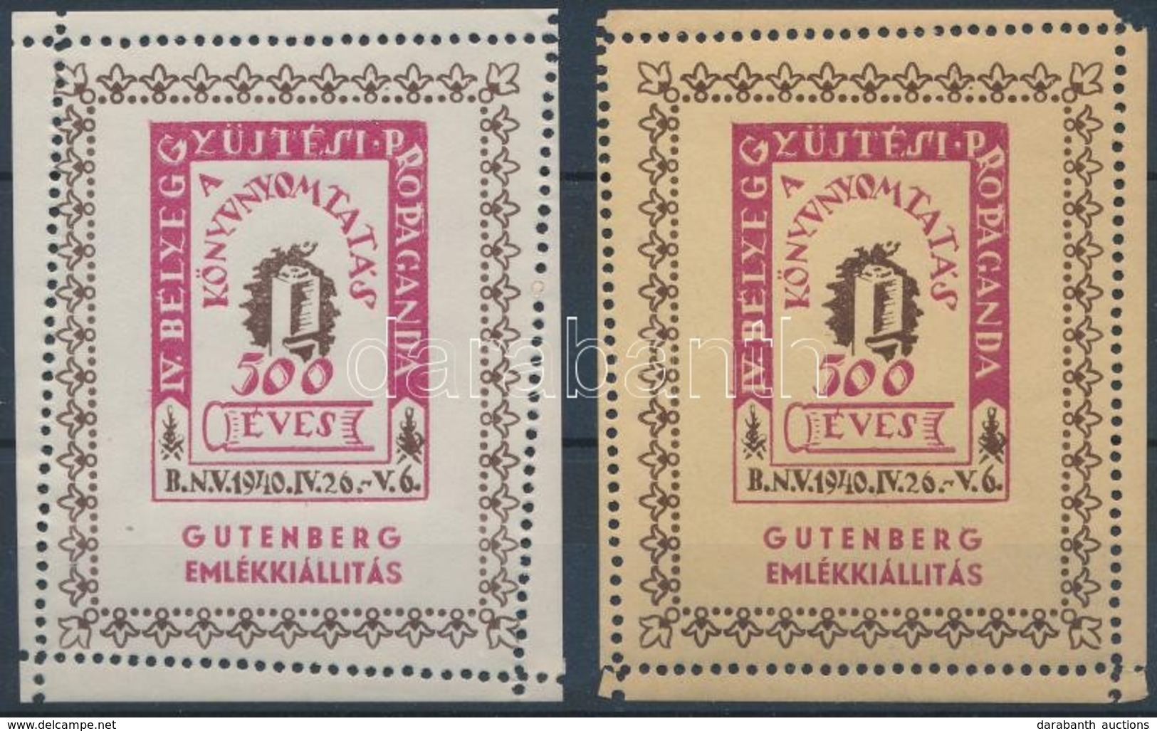 ** 1940/8aa + 8ba IV. Bélyeggyűjtési Propaganda - 2 Db Gutenberg Emlékblokk (20.000) (hibás ívszélek) - Autres & Non Classés