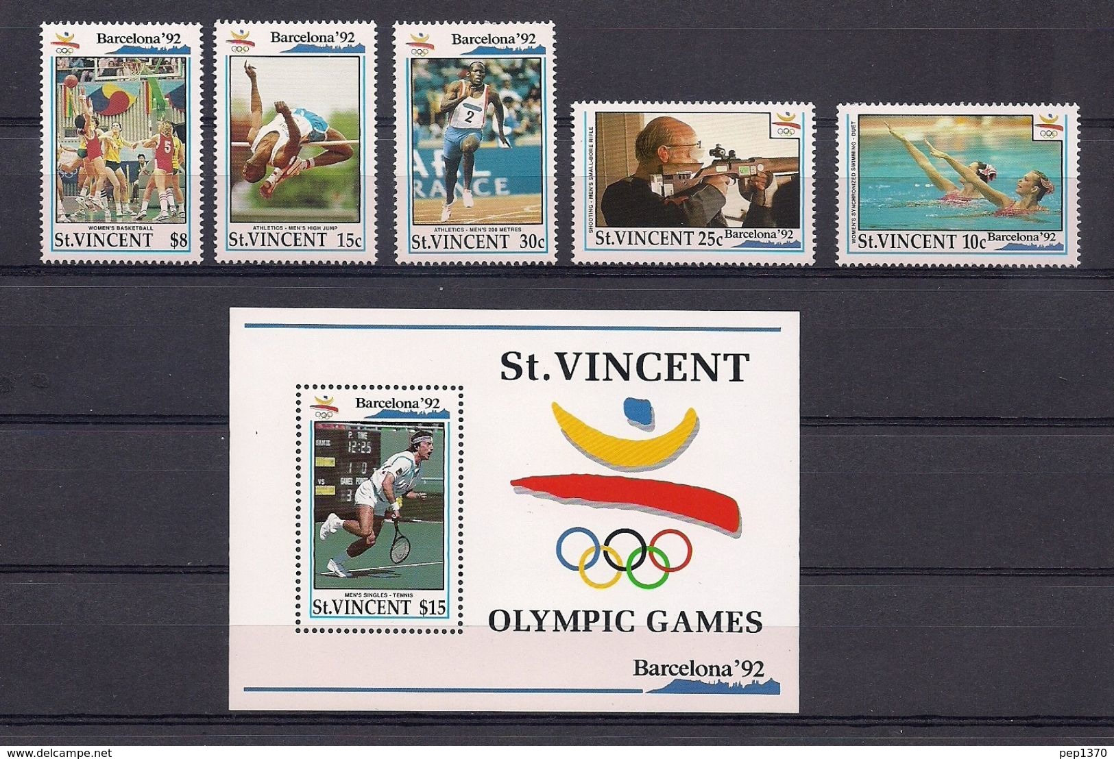 SANT VINCENT - OLYMPICS BARCELONA 92 - YVERT Nº 1470-1474 + HB 161 - MICHEL 1961-62-62-62-70 + BLOCK 204 - Jumping