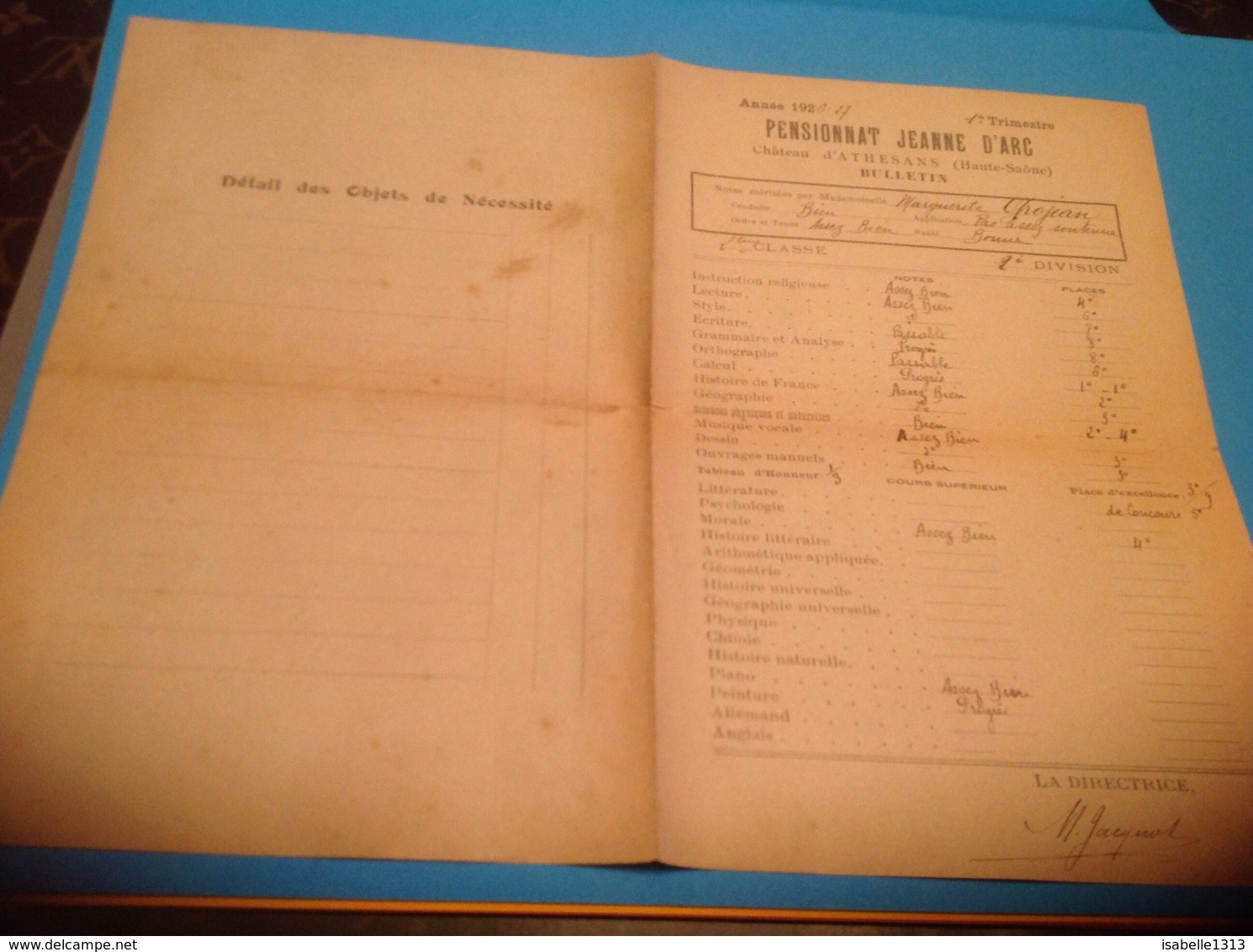 Pensionnat Jeanne D Arc Château D Athesans Haute Saône Bulletin Scolaire 1926 1927 - Diplômes & Bulletins Scolaires