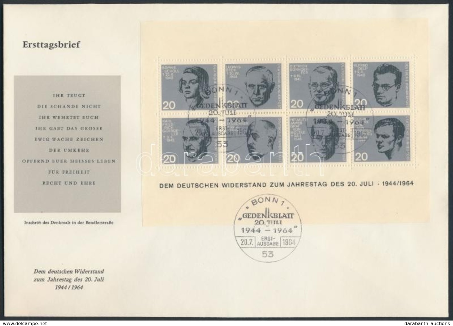 1964 Hitler Elleni Merénylet 20. évfordulója Blokk Mi 3 FDC - Autres & Non Classés