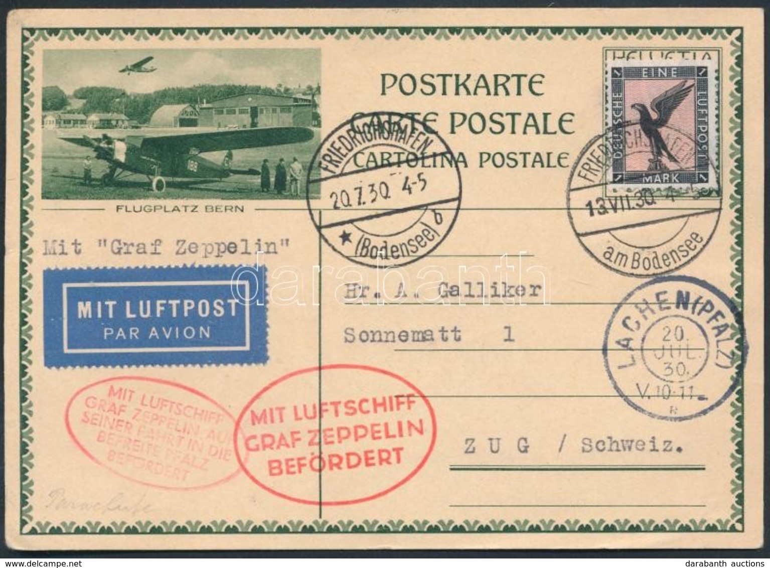 1930 Zeppelin Pfalzi Utja Oda-vissza Repülés, Svájci Díjjegyes Levelezőlap Levelezőlap D.Reich 1M Légiposta Bélyeggel /  - Autres & Non Classés