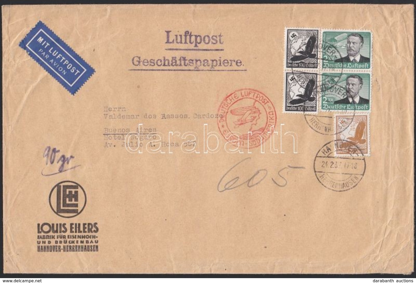 1937 Légi Levél Argentínába 6,25 RM Bérmentesítéssel / Airmail Cover To Argentina With 6,25 RM Franking - Autres & Non Classés