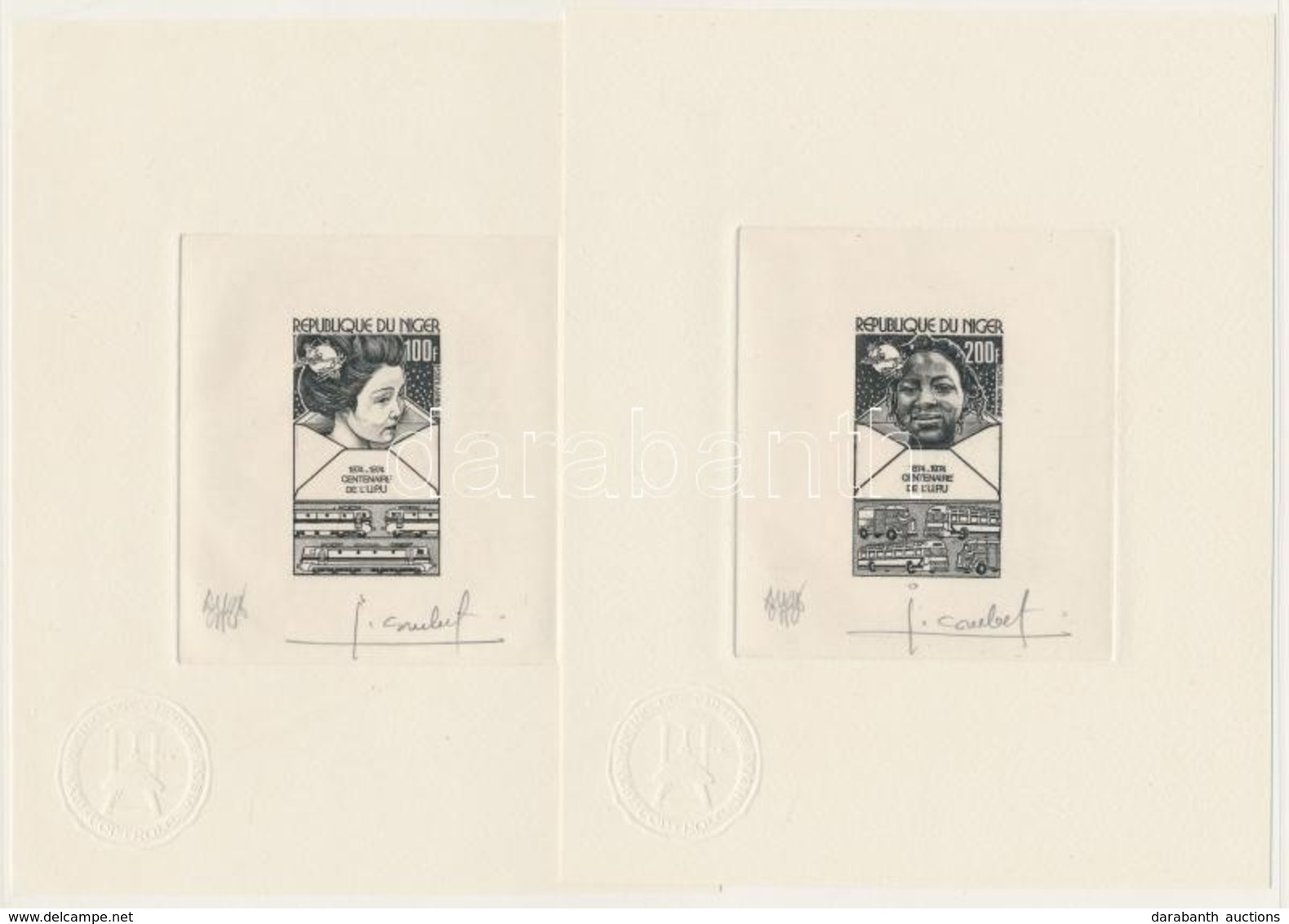 1974 100 éves Az UPU Mi 442-445 6 Klf Színes és Fekete-fehér Próbanyomat A Tervező Aláírásával / UPU 6 Different Signed  - Autres & Non Classés