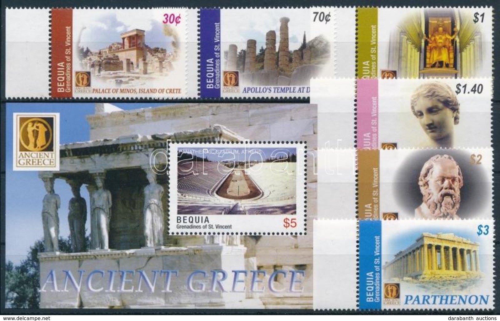 ** 2004 Antik Görögország, ókori épületek ívszéli Sor Mi 388-393 + Blokk Mi 24 - Autres & Non Classés