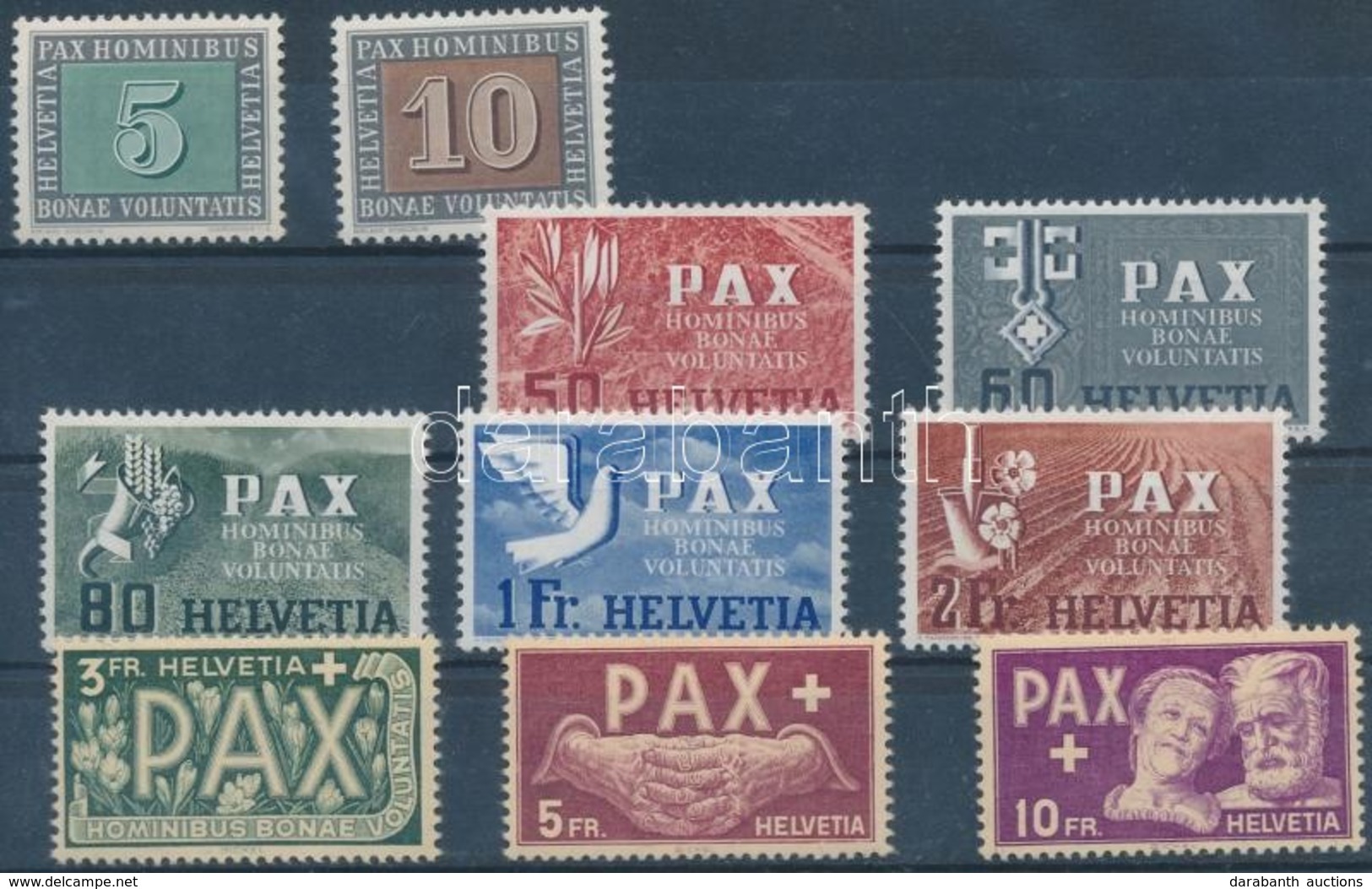 ** * 1945 Pax 20c, 30c, 40c Nélkül Az 5Fr Falctalanított/ Mi 447-448 + 452-459 (458 Hinge Remainder) - Autres & Non Classés