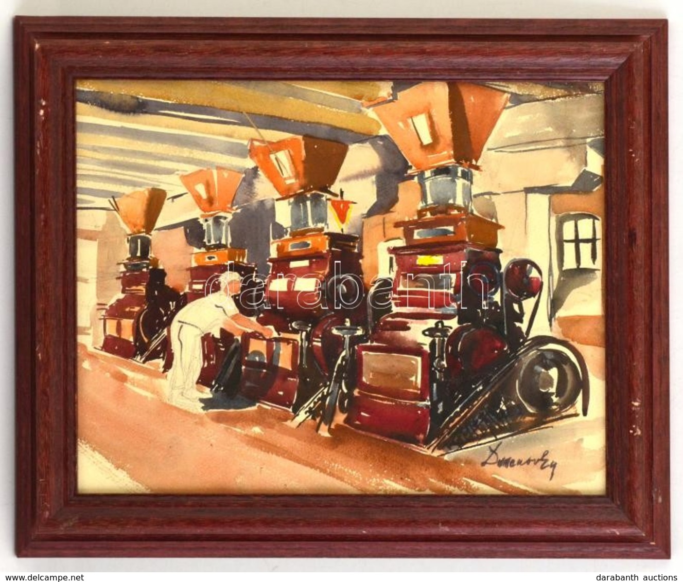 Domanovszky Jelzéssel: Nyomdagépek. Akvarell, Papír, üvegezett Keretben, 28×35 Cm - Autres & Non Classés