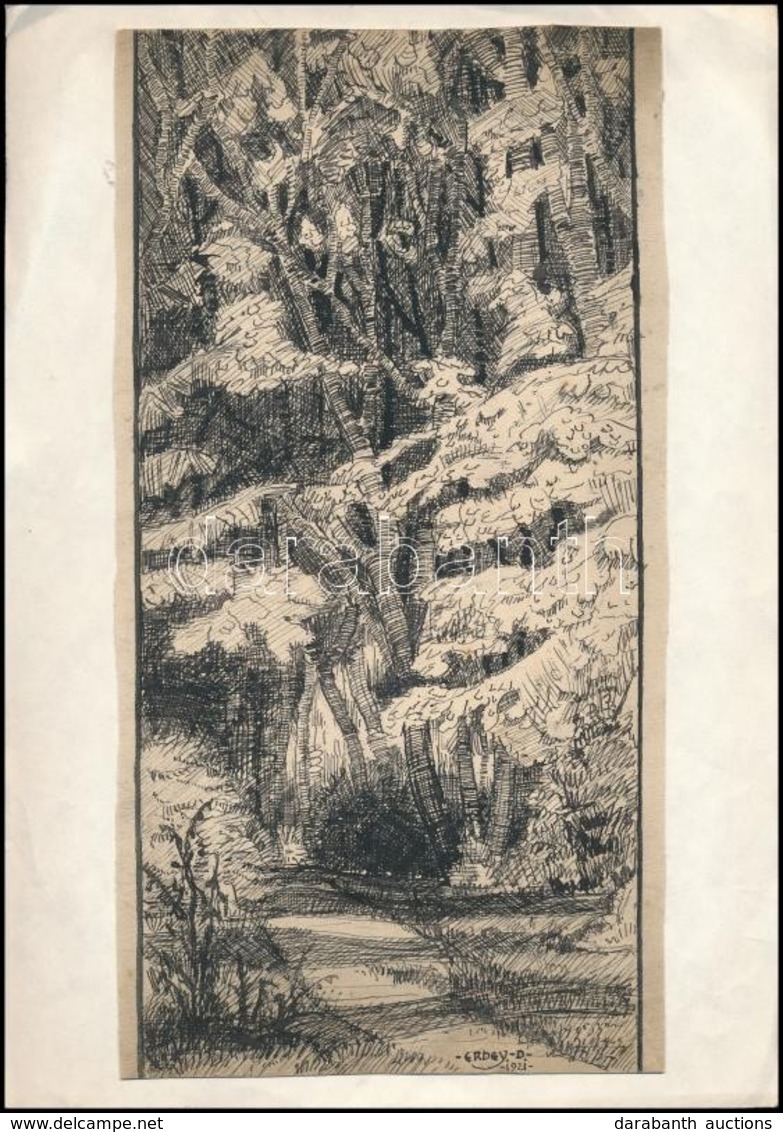 Erdey Dezső (1902-1957): Erdőrészlet, Tus, Papír, Jelzett, 28×15 Cm - Autres & Non Classés