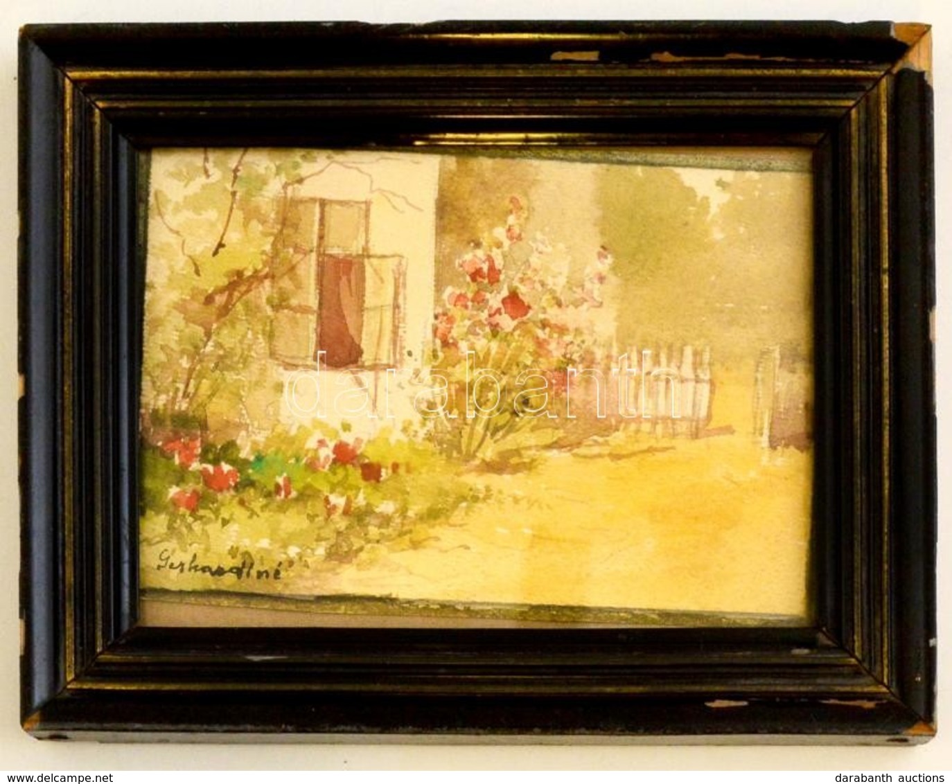 Gerhardtné Jelzéssel: Házudvar. Akvarell, Papír, üvegezett Keretben, 10×15 Cm - Autres & Non Classés