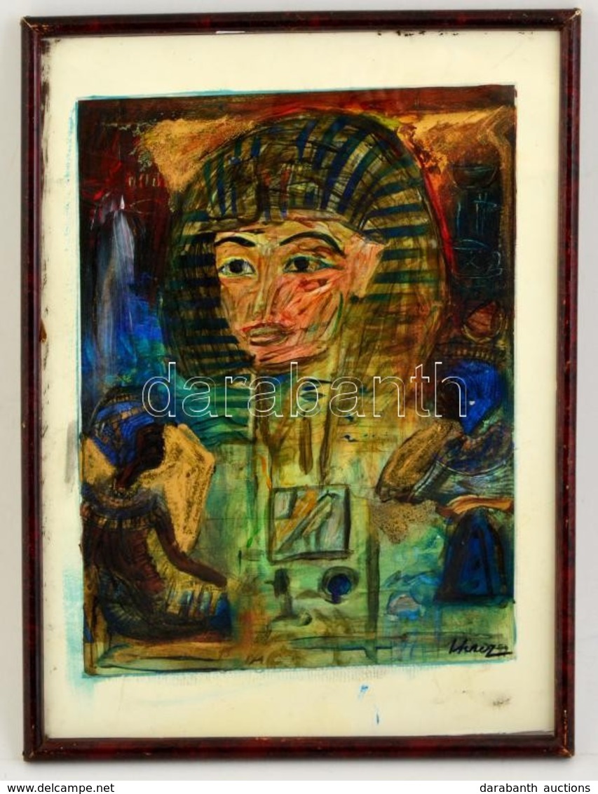Hincz Jelzéssel: Tutanhamon. Vegyes Technika, Papír, üvegezett Keretben, 38×29 Cm - Autres & Non Classés