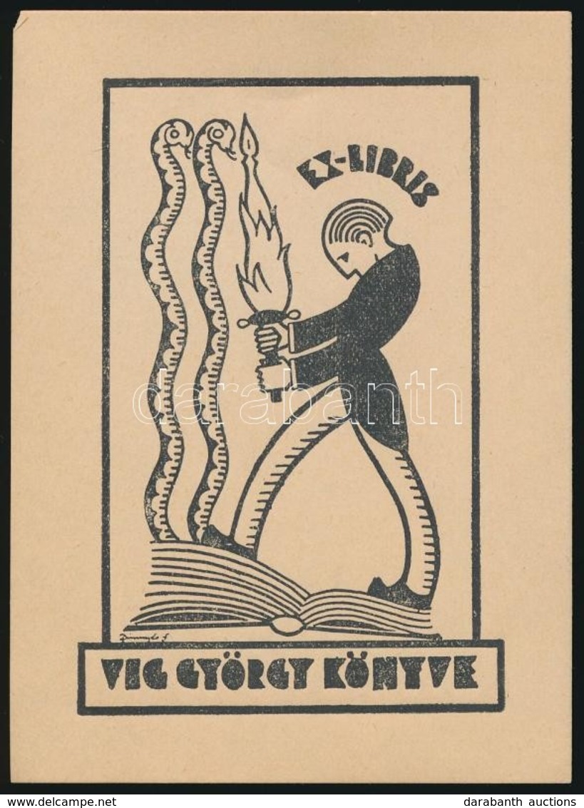 Dinnyés Ferenc (1886-1958): Art Deco Ex Libris, Víg György. Fametszet, Papír, Jelzett A Dúcon, 10x8 Cm - Autres & Non Classés