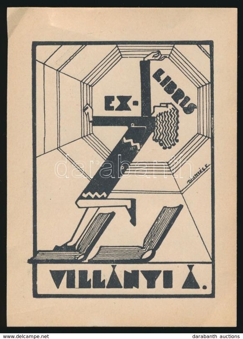 Dinnyés Ferenc (1886-1958): Art Deco Ex Libris, Villányi Á. Fametszet, Papír, Jelzett A Dúcon, 11×8 Cm. - Autres & Non Classés