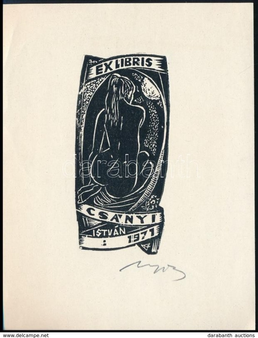 Nagy Lázár László (1935-): Erotikus Ex Libris Csányi István. Fametszet, Papír, Jelzett, 9×5 Cm - Autres & Non Classés
