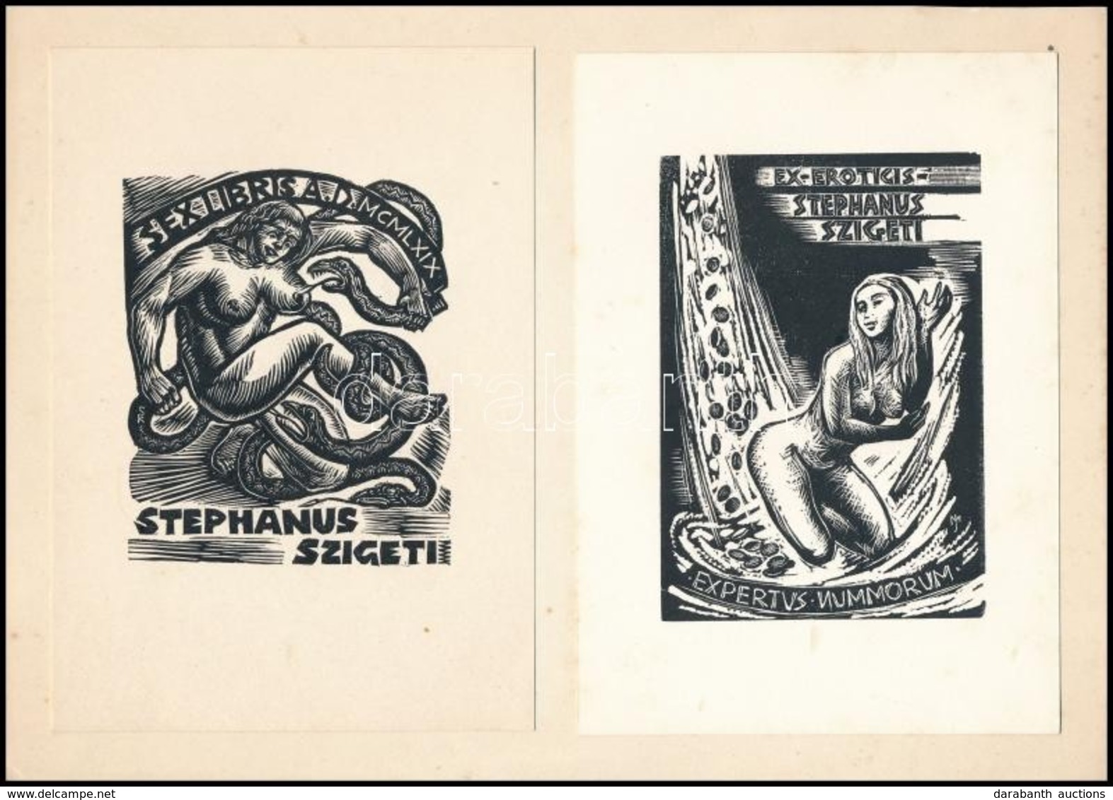 Sterbenz Károly (1901-1993) és Menyhárt József (1901-1976): Erotikus Ex Libris ( 2 Db), Fametszet, Papír, Jelzett A Mets - Autres & Non Classés
