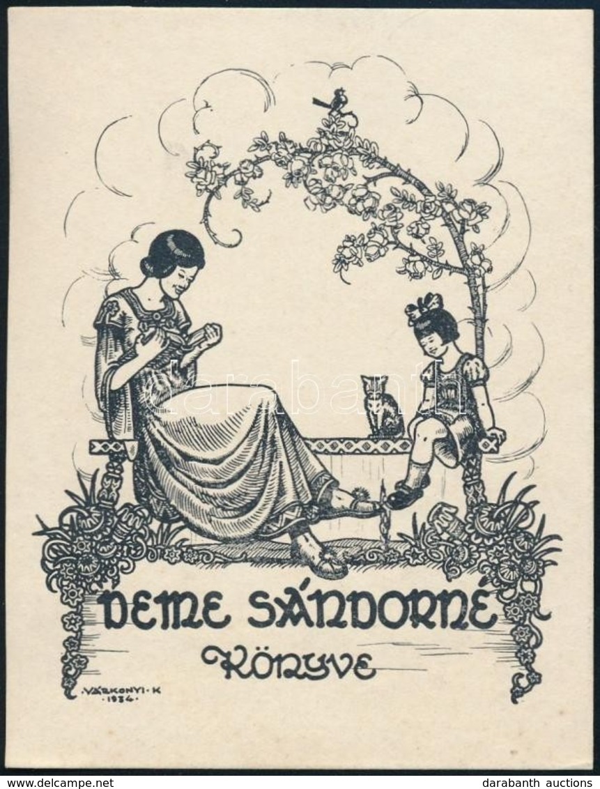 Várkonyi Károly (1910-2001): Ex Libris, Deme Sándorné, Klisé, Papír, Jelzett, 9×7 Cm - Autres & Non Classés