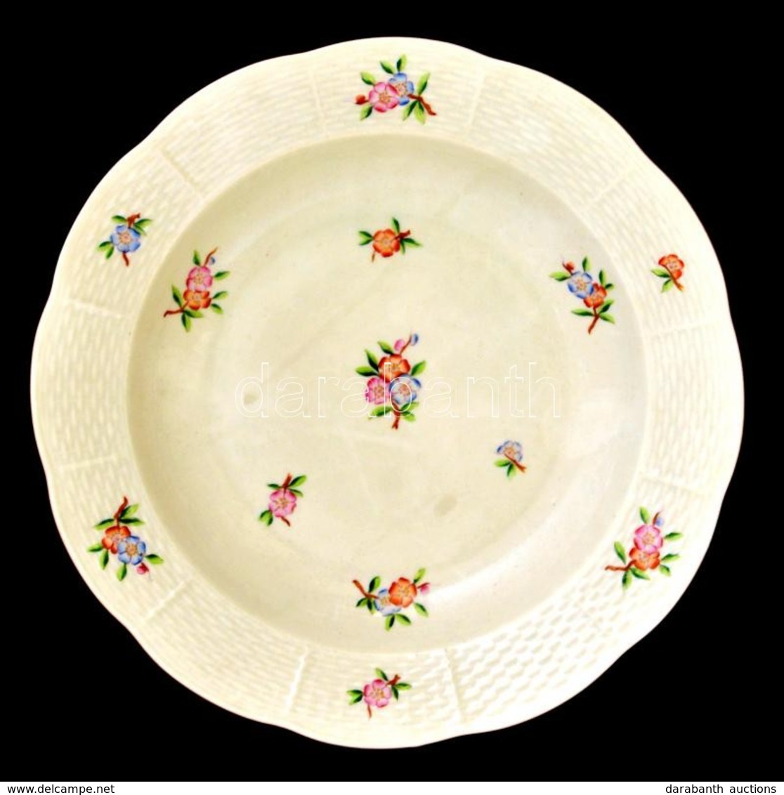 Herendi Virágmintás Porcelán Mélytányér, Kézzel Festett, Jelzett, Hajszálrepedéssel, D: 24,5 Cm - Autres & Non Classés