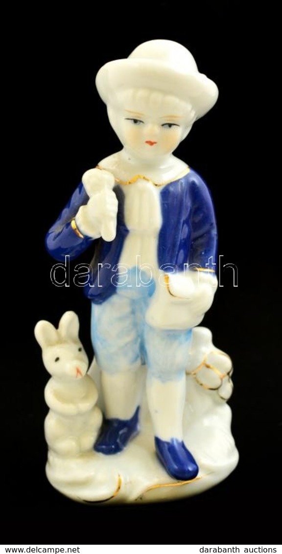 Kisfiú Nyuszival, Porcelán Figura, Jelzetlen, Kézzel Festett, Gyári Repedéssel, M: 13 Cm - Autres & Non Classés