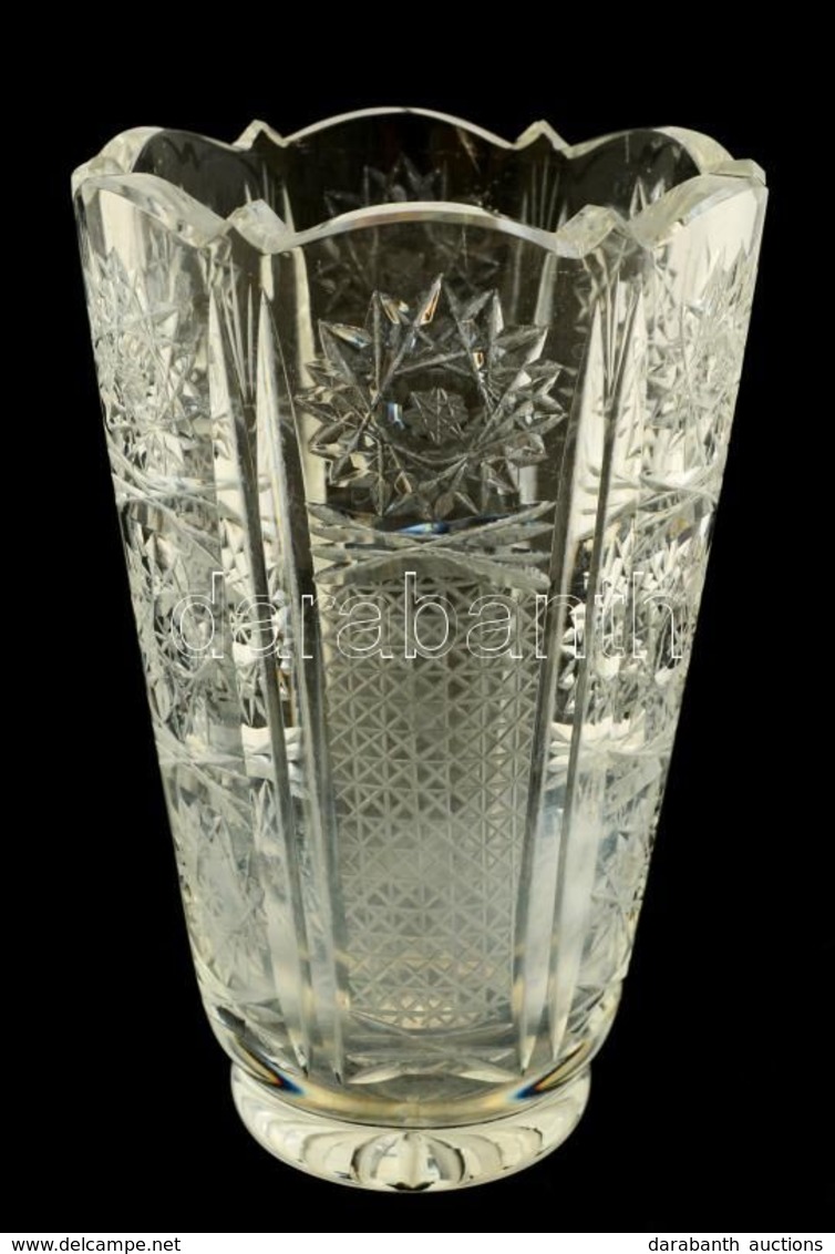 Díszes üvegváza, Csiszolt, Metszett, Kis Csorbákkal, M: 16 Cm - Verre & Cristal