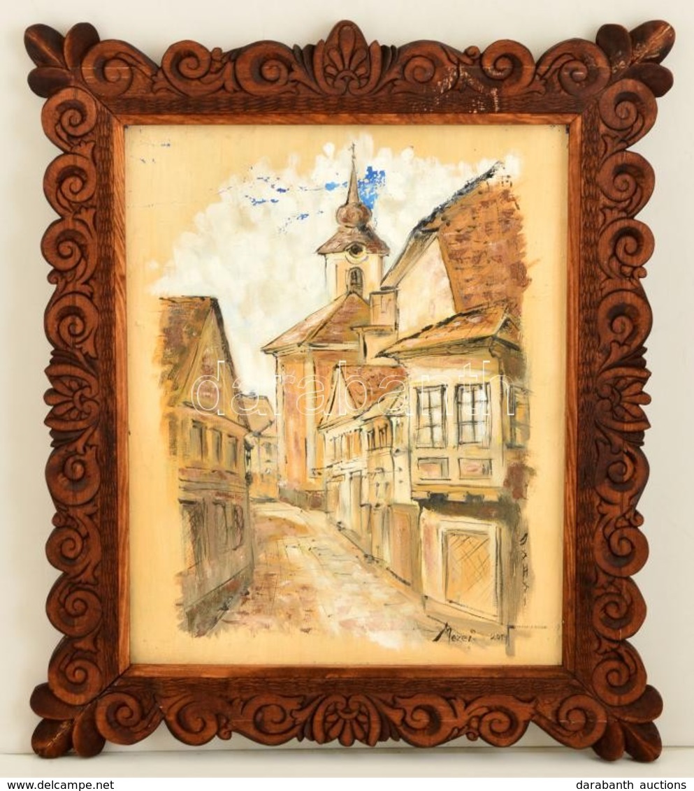 Díszesen Faragott Fa Képkeret, Benne Olajképpel, Belső Méret: 48×38 Cm, Külső Méret: 56×65 Cm - Autres & Non Classés