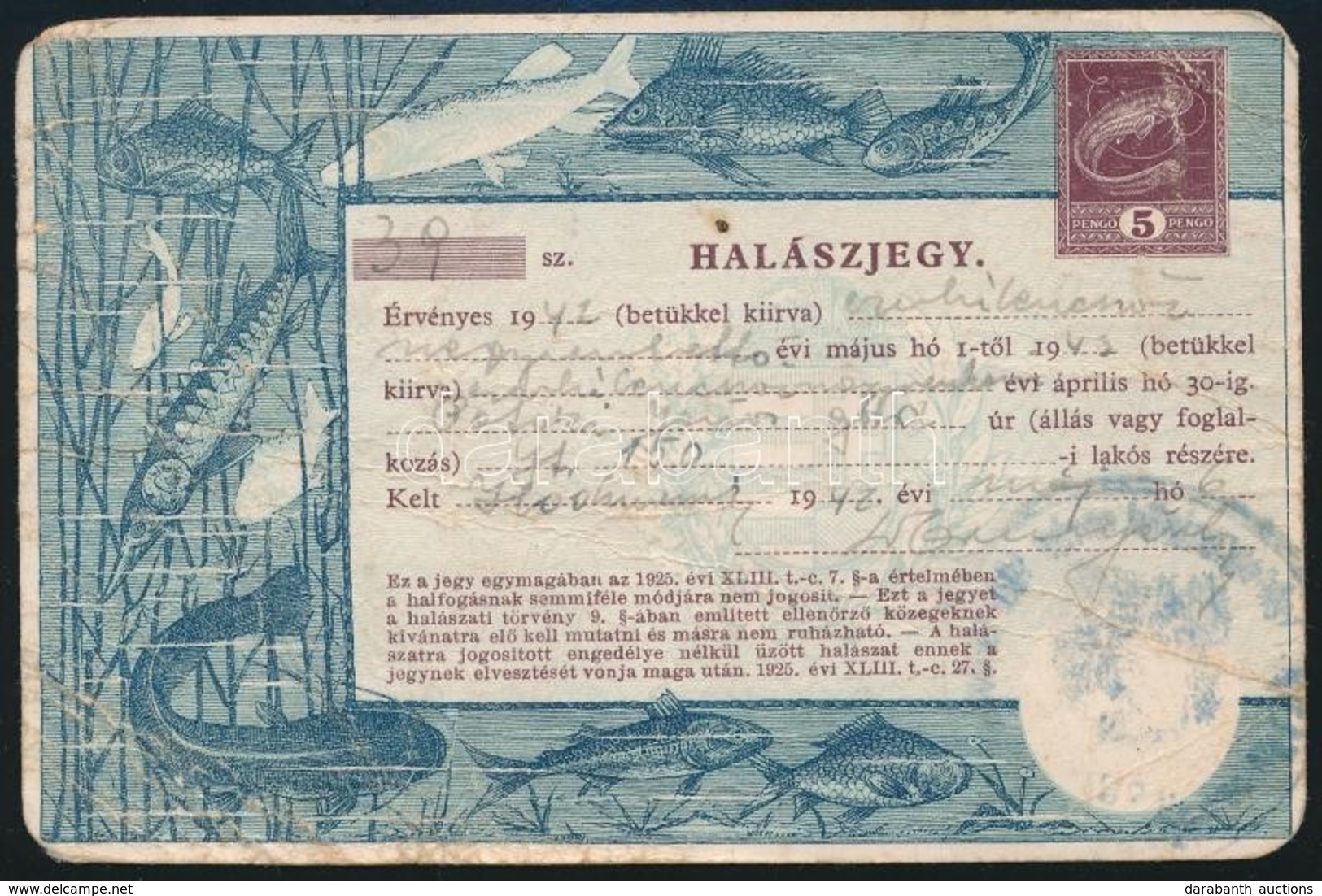 1942 Halászjegy 5P Benyomott Illetékkel (gyűrött) - Non Classés