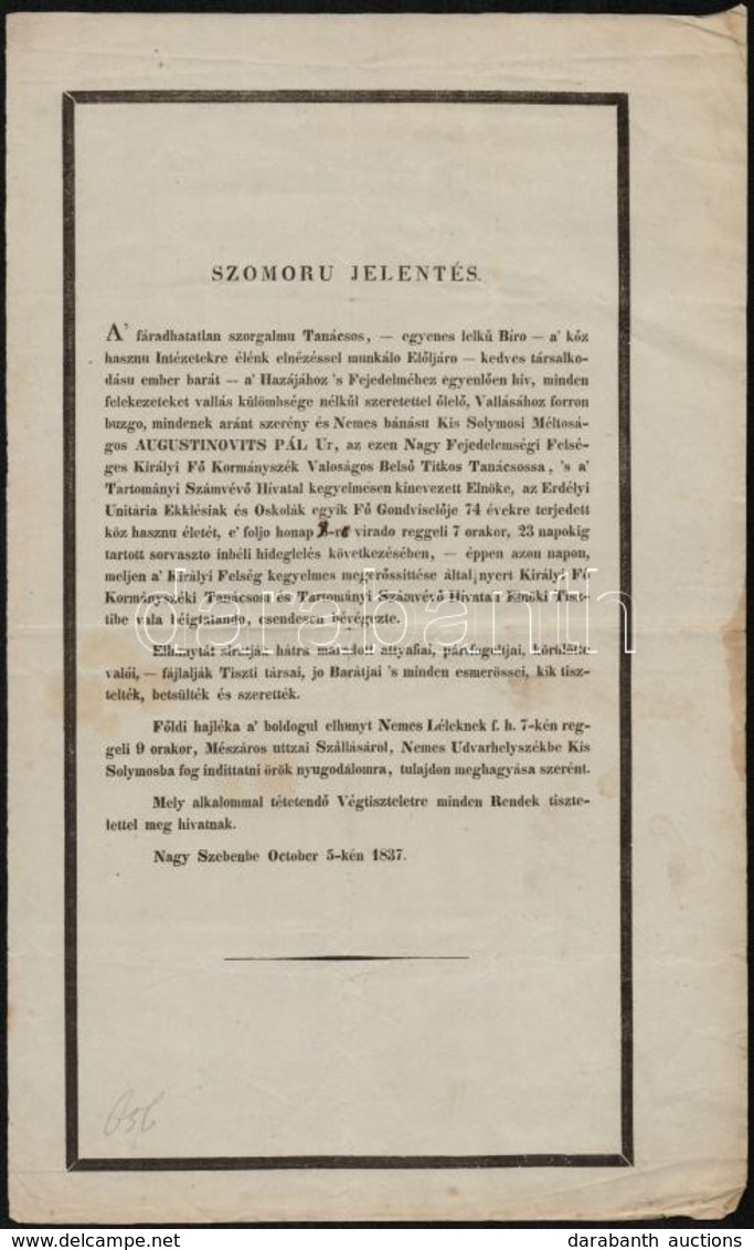 1837 Nagyszeben, Augustinovits Pál Gyászjelentése - Non Classés