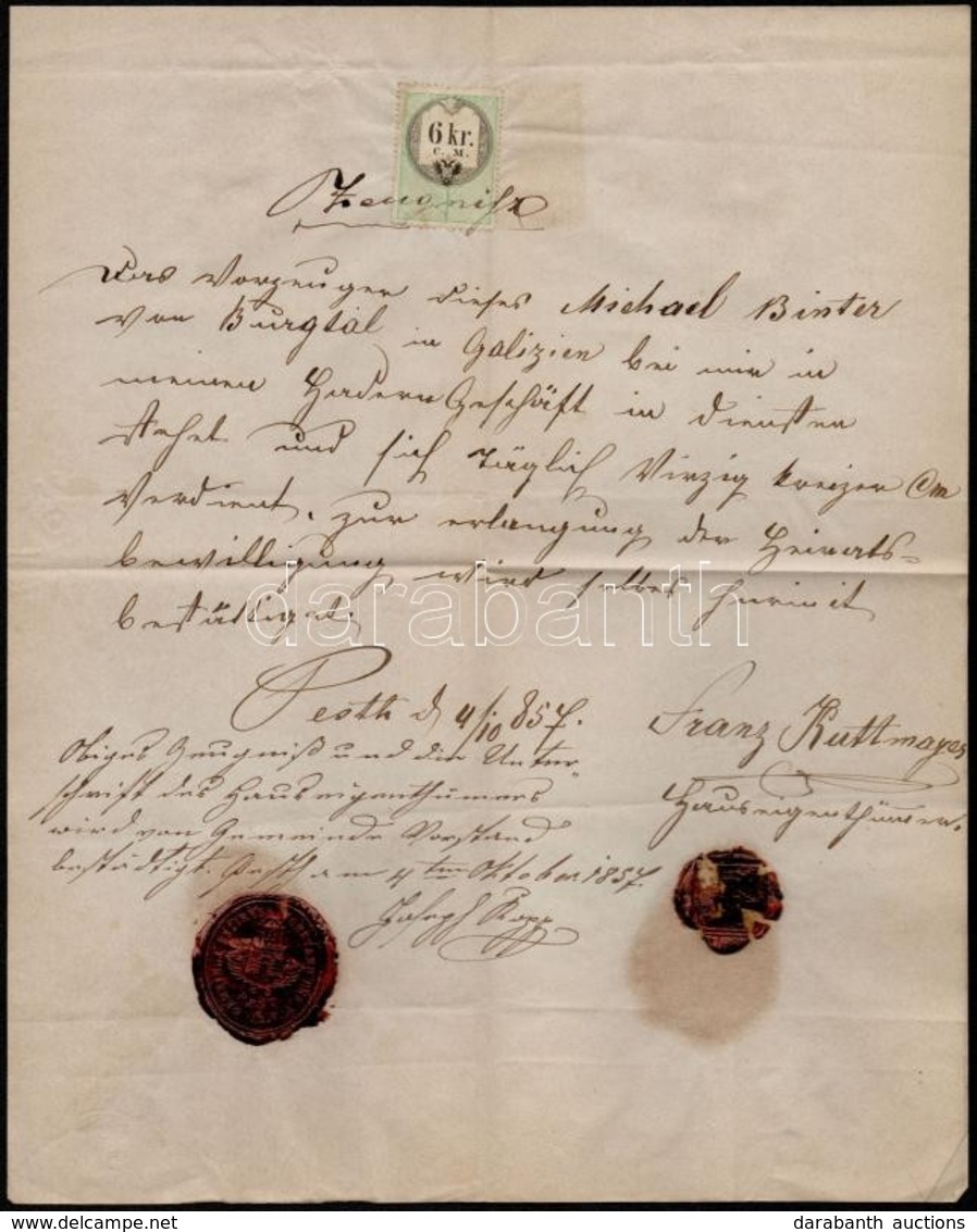 1857 Pest, Német Nyelvű Igazolás, Viaszpecséttel, Okmánybélyeggel - Non Classés