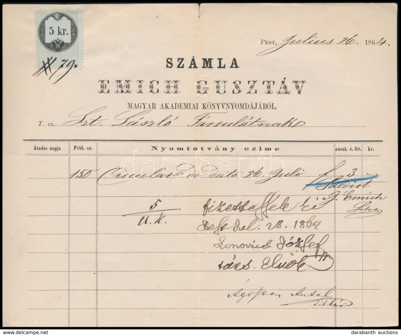 1864 Emich Gusztáv Könyvnyomdája Számlája Okmánybélyeggel, Lonovics József Kalocsai Püspök, Emich Gusztáv és Ágoston Ant - Non Classés