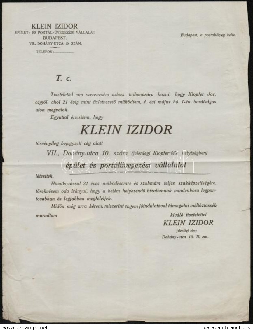 1912 Bp. Dohány Utca, Klein Izidor Épület- és Portálüvegezési Vállalat Reklámja, Hátoldalon Bélyeggel - Non Classés
