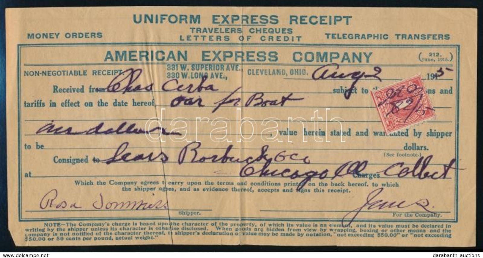 1915 American Express Co. Nyugta Okmánybélyeggel - Non Classés