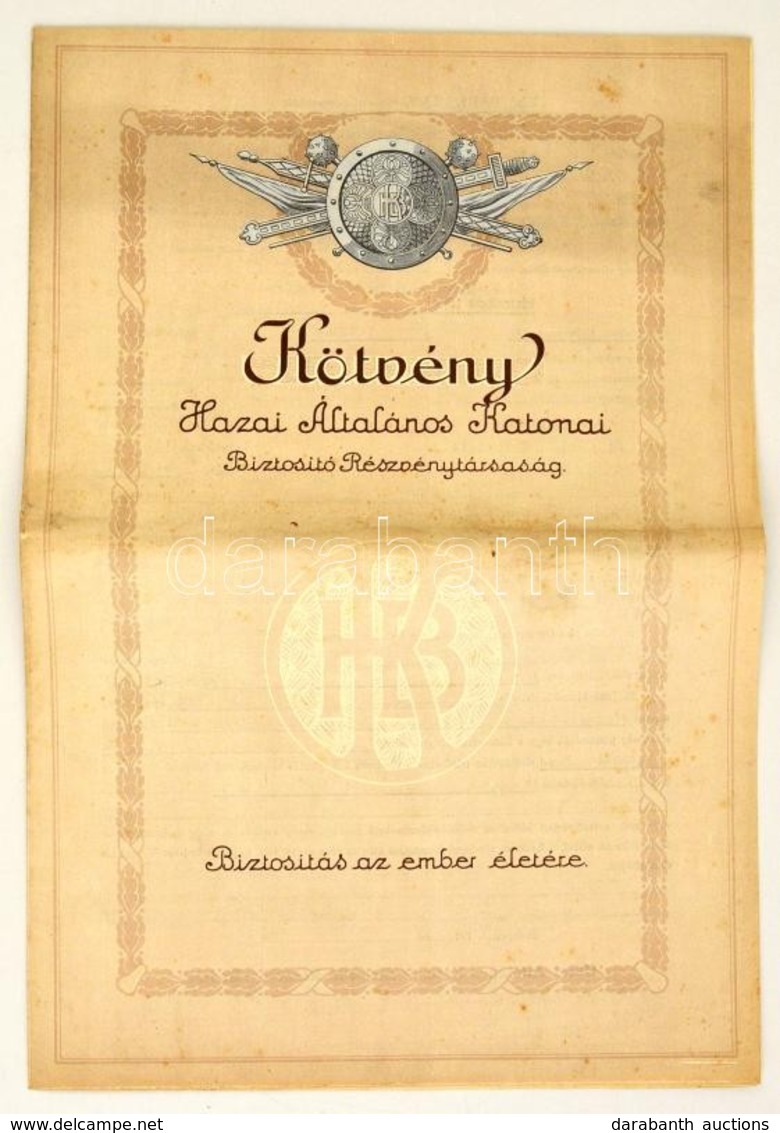 Cca 1920-1930 Hazai Általános Katonai Biztosító Díszes életbiztosítási Kötvénye, Kitöltetlen, Hajtásnyommal, Jó állapotb - Non Classés