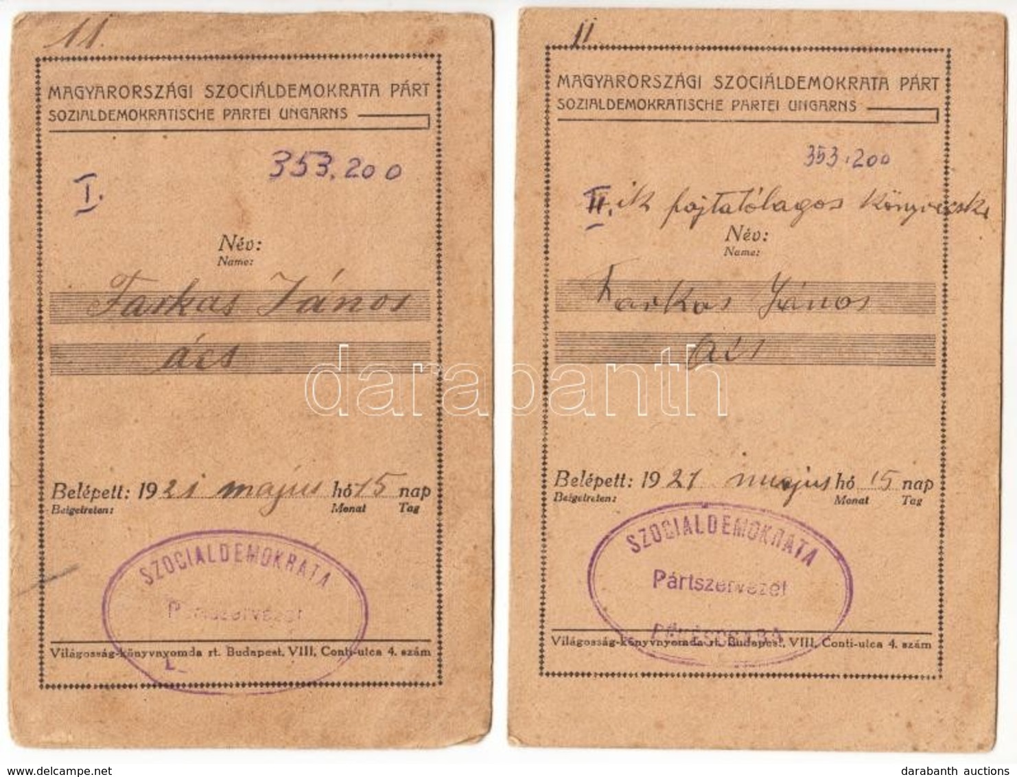 1921-1925 2 Db Magyarországi Szociáldemokrata Párt Tagsági Igazolvány, Békécsaba, Sok Bélyeggel. - Non Classificati