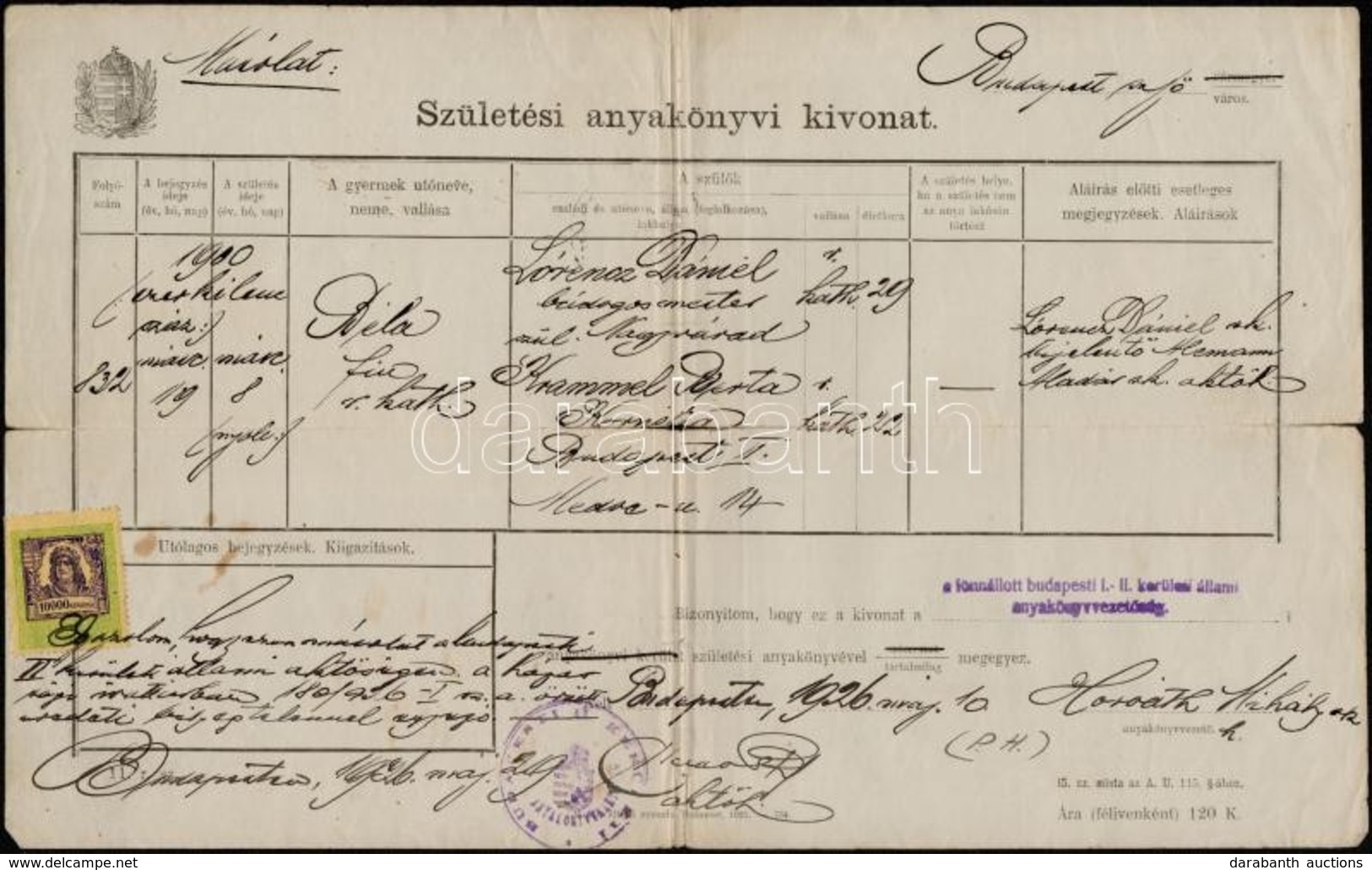 1926 Házassági Anyakönyvi Kivonat 10.000K Okmánybélyeggel + 4.000, 10.000, 20.000K Budapest Városi Okmánybélyegekkel Hoz - Non Classés