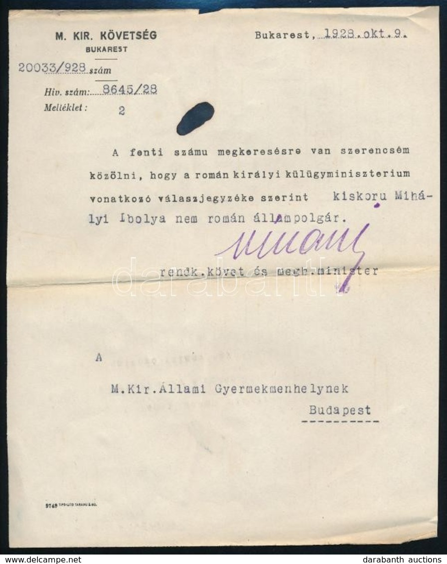 1928 Bukarest, A M. Kir. Követség Levele A M. Kir. Állami Menhelynek állampolgárság ügyében - Non Classés