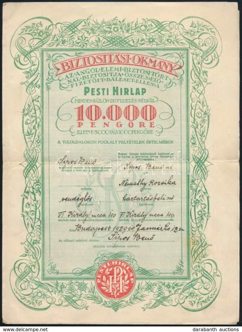 1929 Angol Elemi Biztosító Rt. Díszes Biztosítási Okmánya A Pesti Hírlap Előfizetőinek, Baleset Biztosítás, 1000 Pengő,  - Non Classés