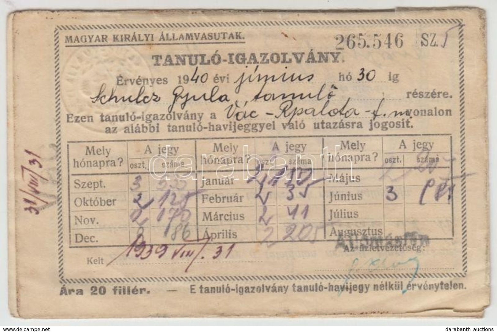 1939 Magyar Királyi Államvasutak által Kiállított Fényképes Tanuló Igazolvány - Non Classés