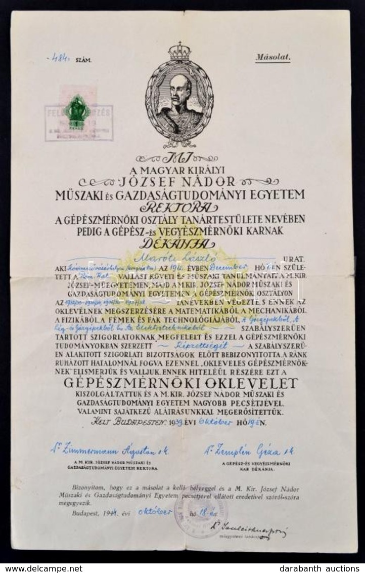 1939 Gépészmérnöki Diploma Korabeli Hiteles Másolata - Non Classés