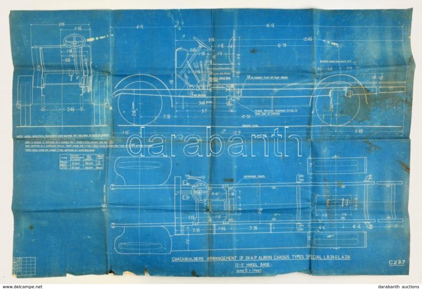 Cca 1926 Albion Type 24 Szállító Furgon Tervrajza, Cianotípia, A Hátoldalán Pecséttel, Hajtásnyomokkal, Foltos, Kissé Sz - Non Classés