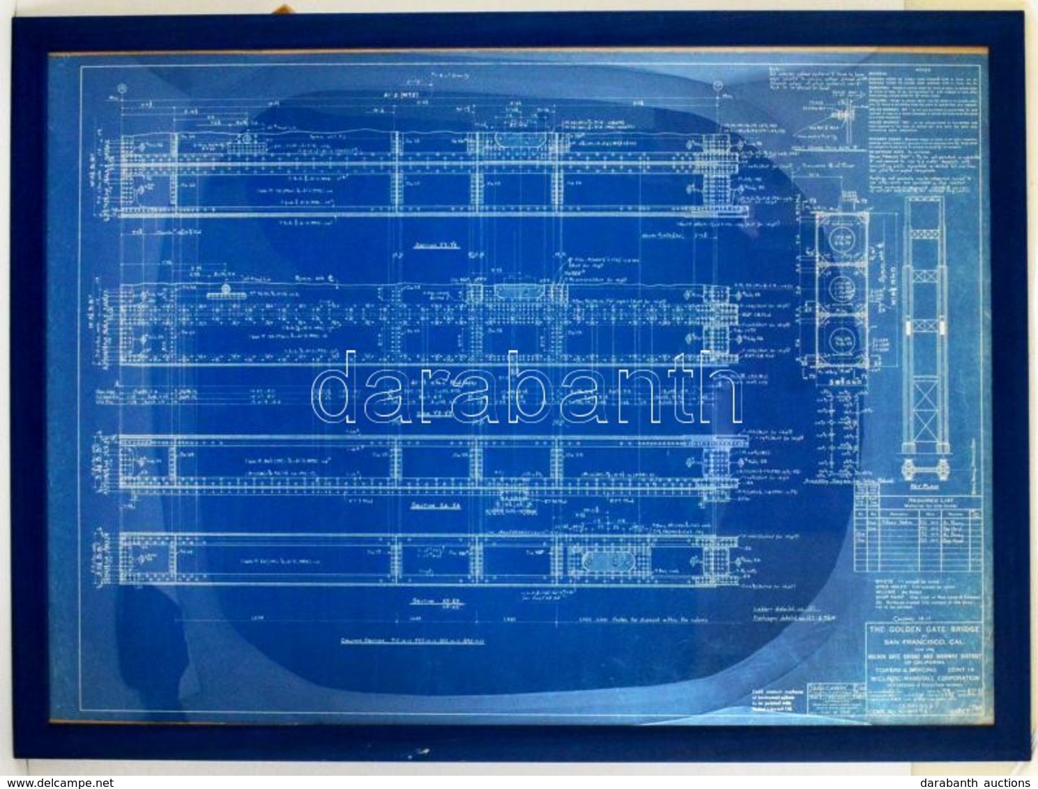 Cca 1933 Golden Gate Híd Tervrajza, Cianotípia, Papírszakértői Véleménnyel, Amely Megerősíti A Technikát és A Kort, üveg - Non Classés