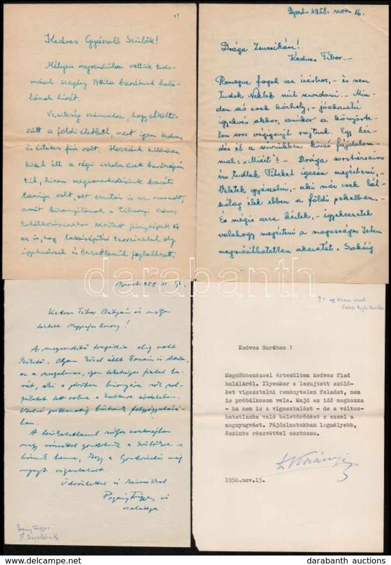 1958 Részvétnyilvánító Levelek Bán Tibor (?-?) Egyetemi Docens és Felesége, Bán Zsuzsa Részére, Többek Között Pogány Fri - Non Classés