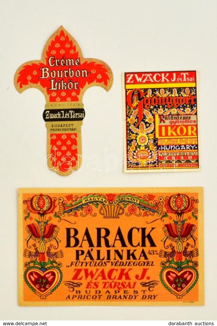 Cca 1930 3 Db Zwack Italcímke:Créme Bourbon Likőr, Gyöngyvér Gyümölcslikőr, Barack Pálinka 'Fütyülős' Védjeggyel, 7x5 és - Publicités