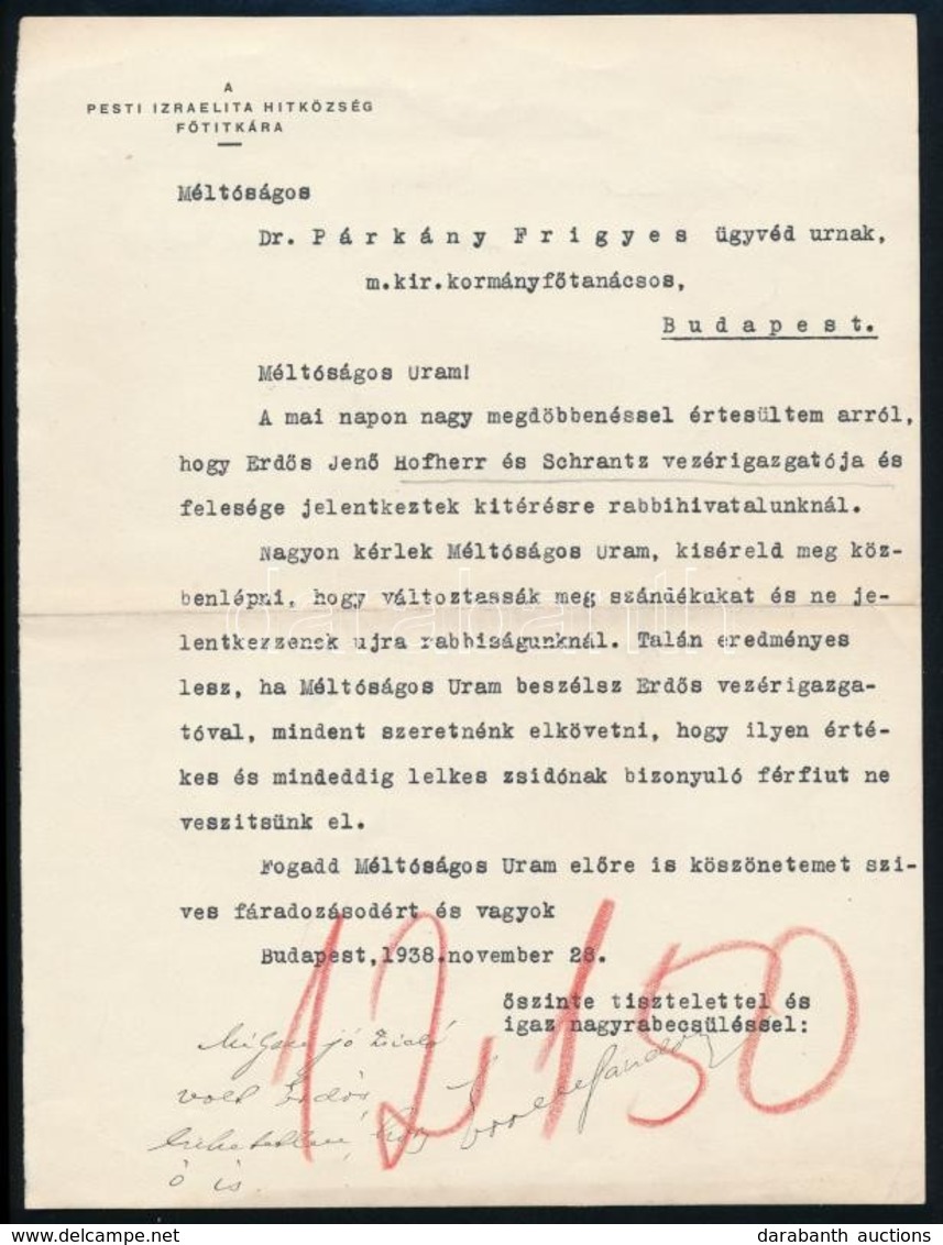 1938 Bp., A Pesti Izraelita Hitközség Főtitkára által írt Levél, Zsidó Hitből Való Kitérés ügyében - Autres & Non Classés