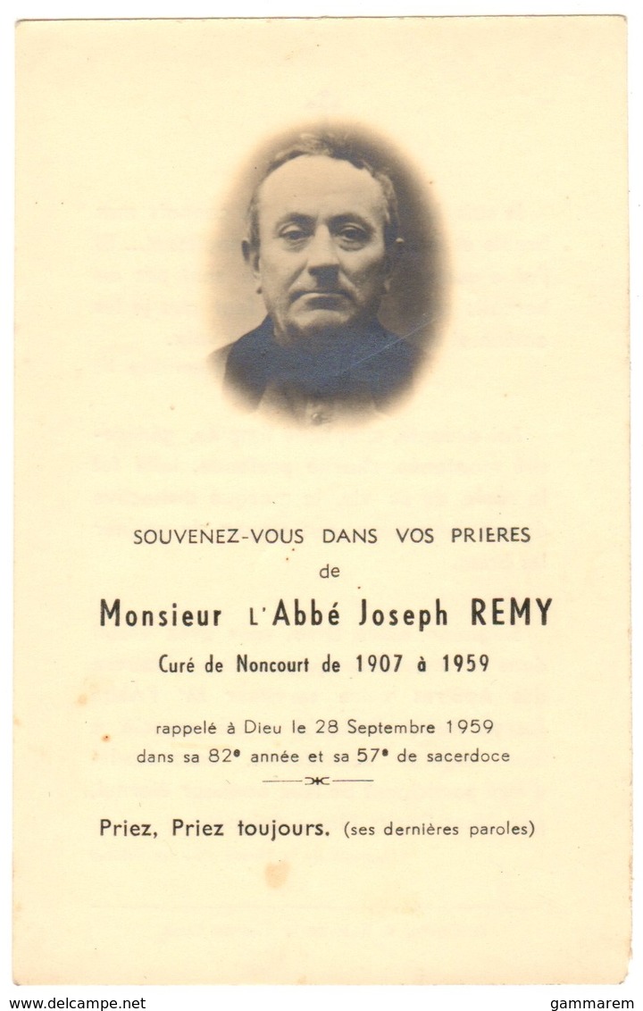 52 NONCOURT - Carte Souvenir Deces De L'abbé Joseph REMY Curé De Noncourt - Haute Marne - Autres & Non Classés