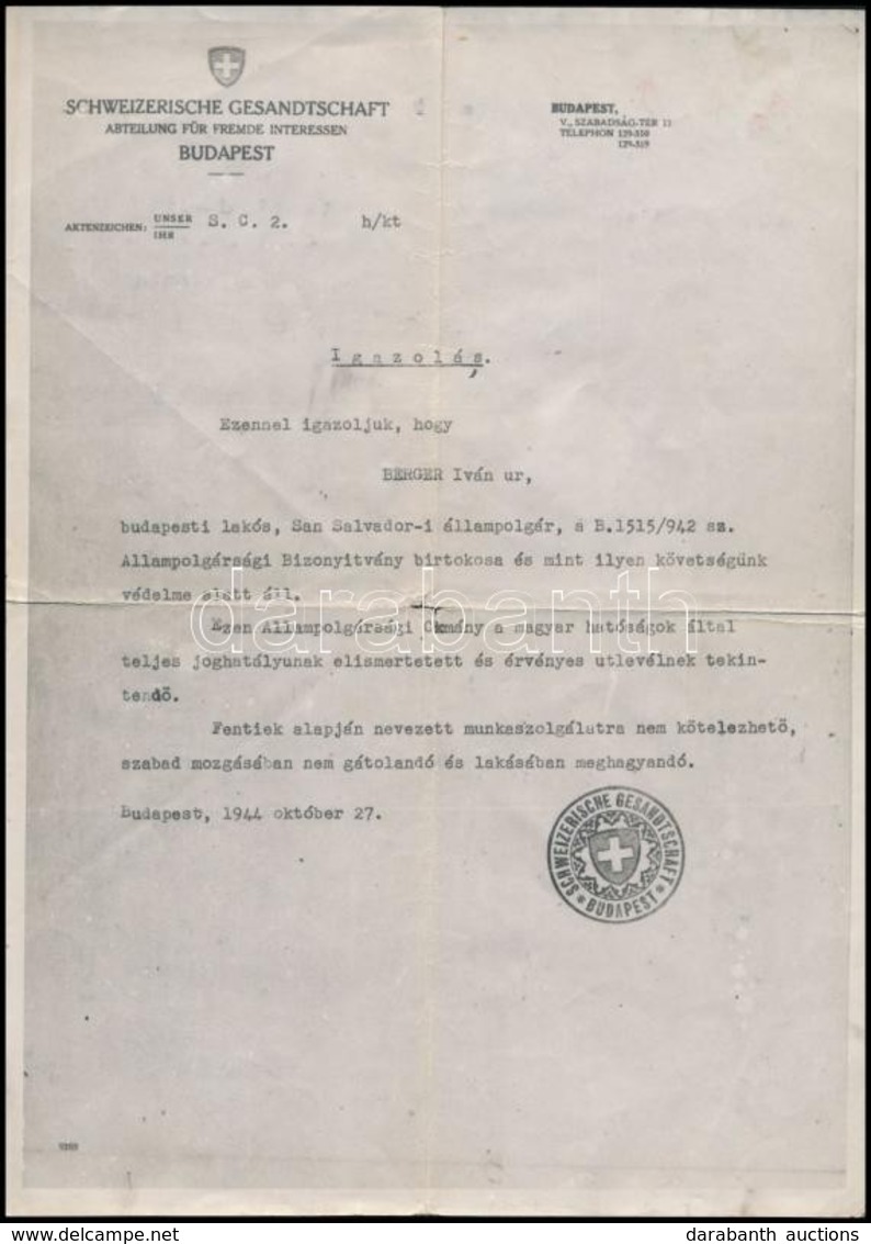 1944 Svájci Követségi Védlevél (Schutzpass) Hiteles Másolata, Hátulján Közjegyzői Hitelesítéssel - Autres & Non Classés